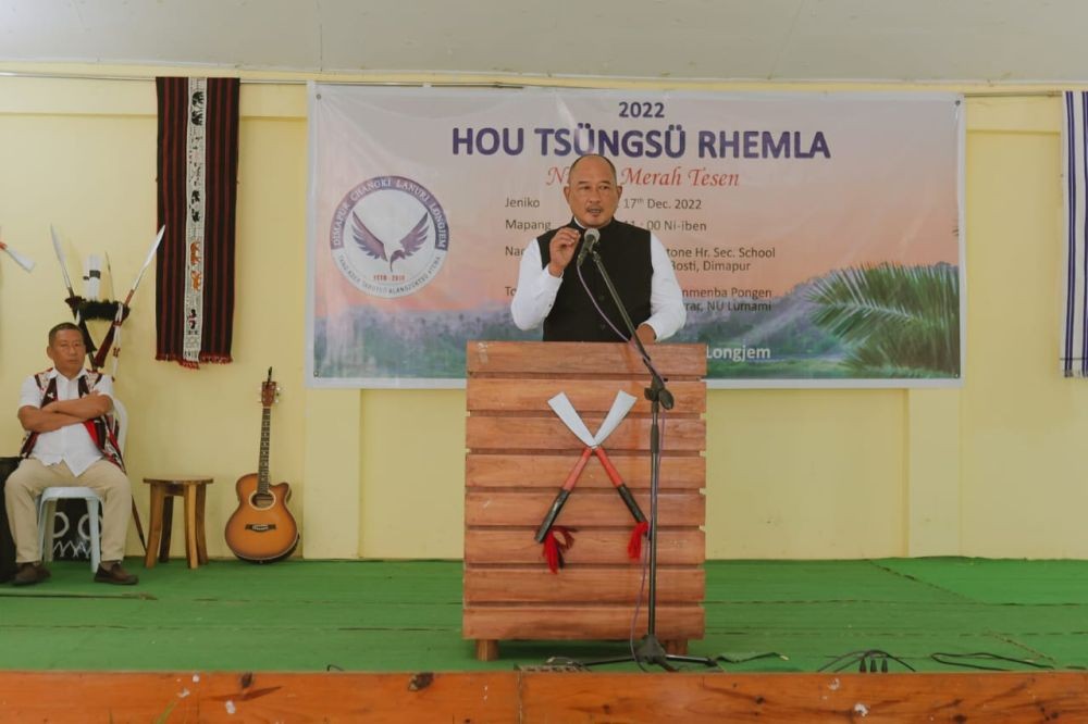 Temjenmenba Pongen, Assistant Registrar at Nagaland University, Lumami, speaking during 'Hou Tsüngsü Rhemla' at Dimapur on December 17.